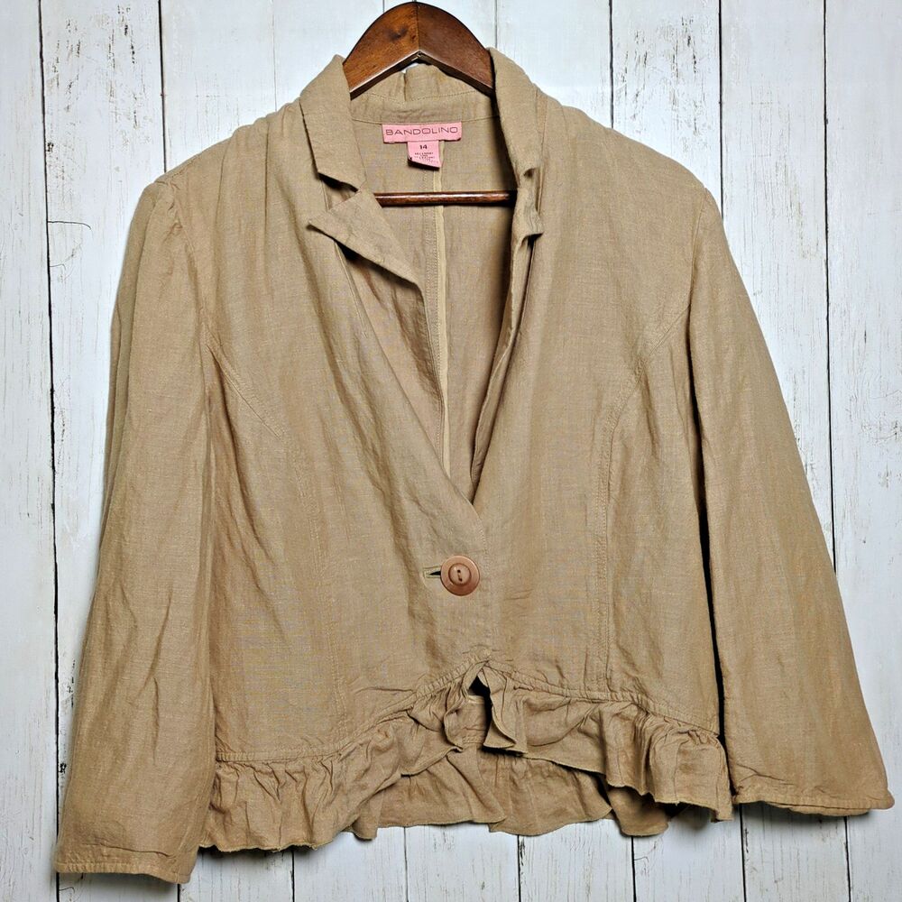 Vintage Linen Blend Ruffle Blazer Top Size 14 Office Work Cottagecore Summer